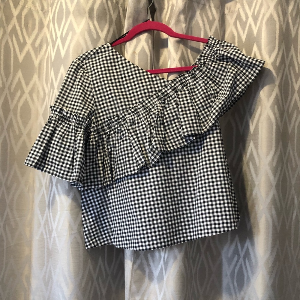 TOPSHOP Gingham Ruffle Asymmetrical Top - Picture 5 of 8